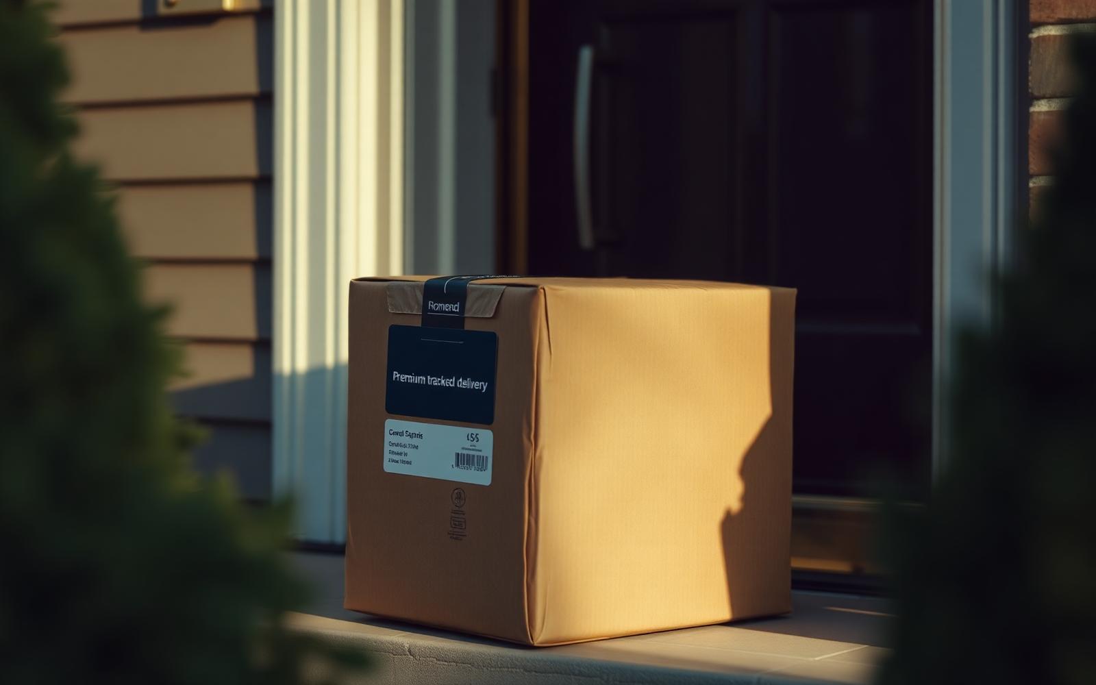 Tracked delivery package on a doorstep in warm sunlight